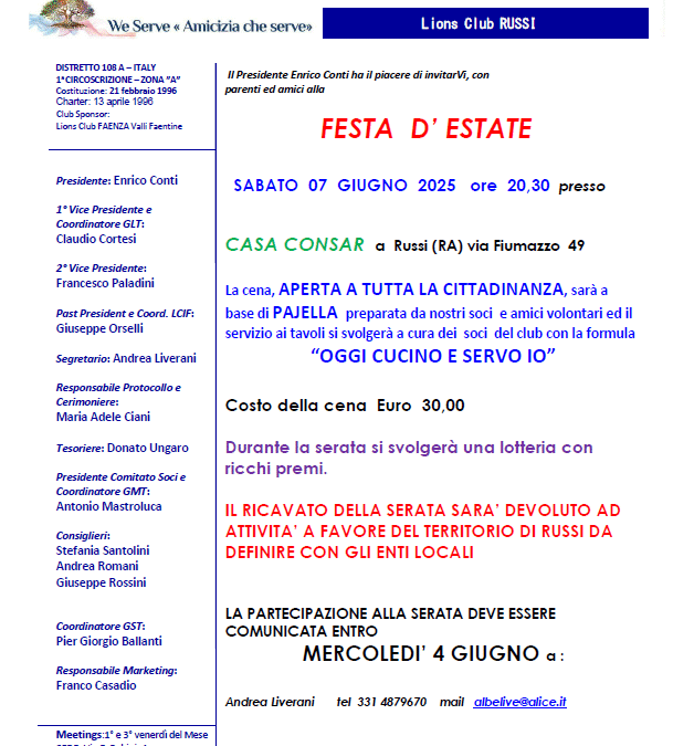 Festa d&rsquo;Estate &ndash; LC Russi, 07 giugno 2025